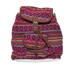 Woven Tribal Boho Backpack Pink Purple Geometric Striped Drawstring Bag
